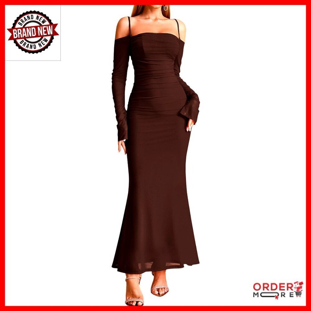 Elegant Formal Maxi Dress Long Sleeve Ruched Bodycon Mesh Wedding Guest